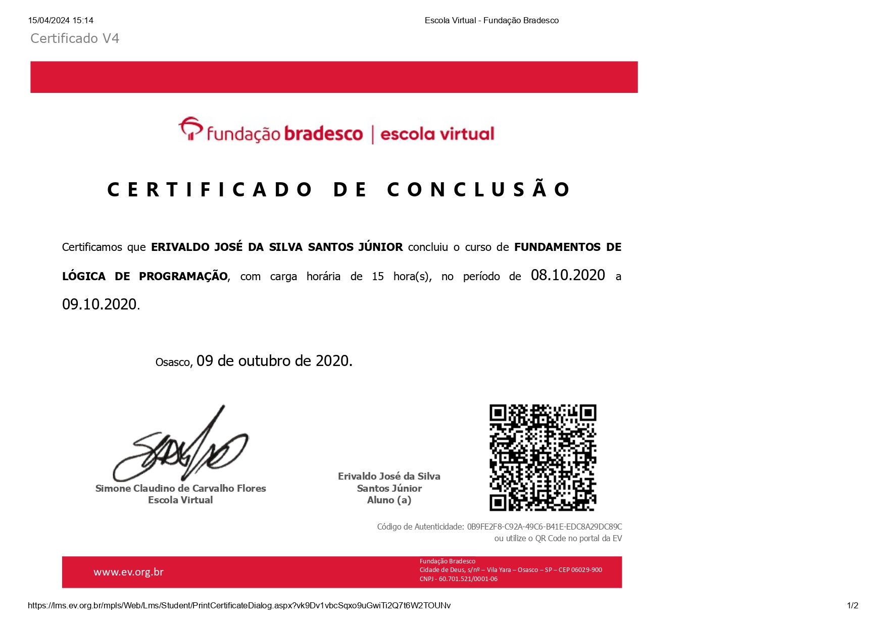 Certificado Fundação Bradesco