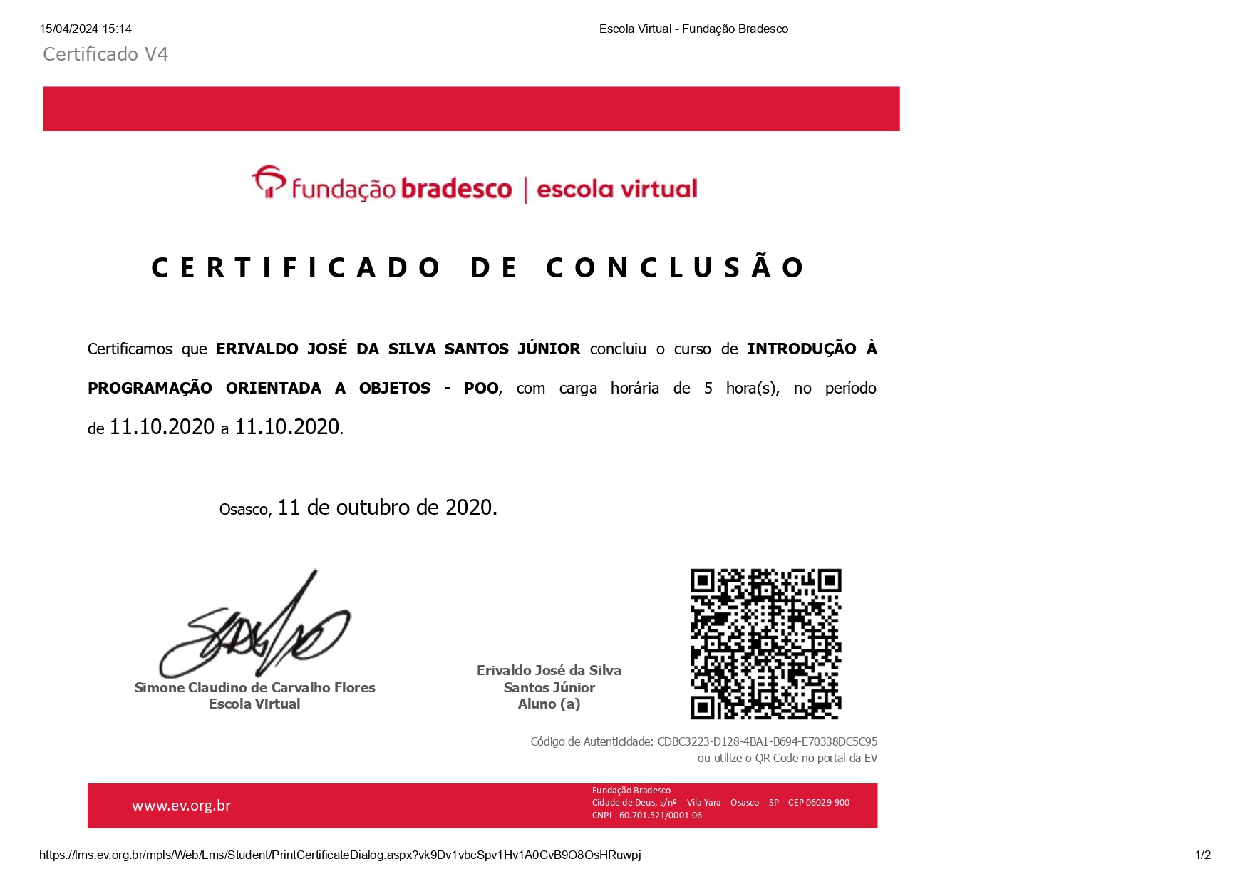 Certificado Fundação Bradesco